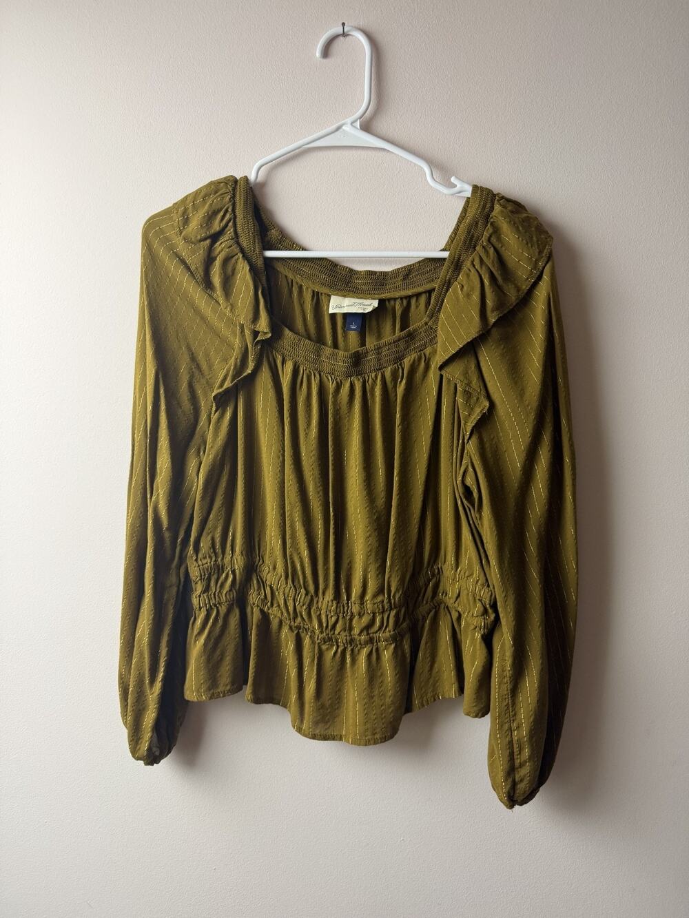 Universal Thread Green Blouse with Gold Pinstripes and Square Neck sz L